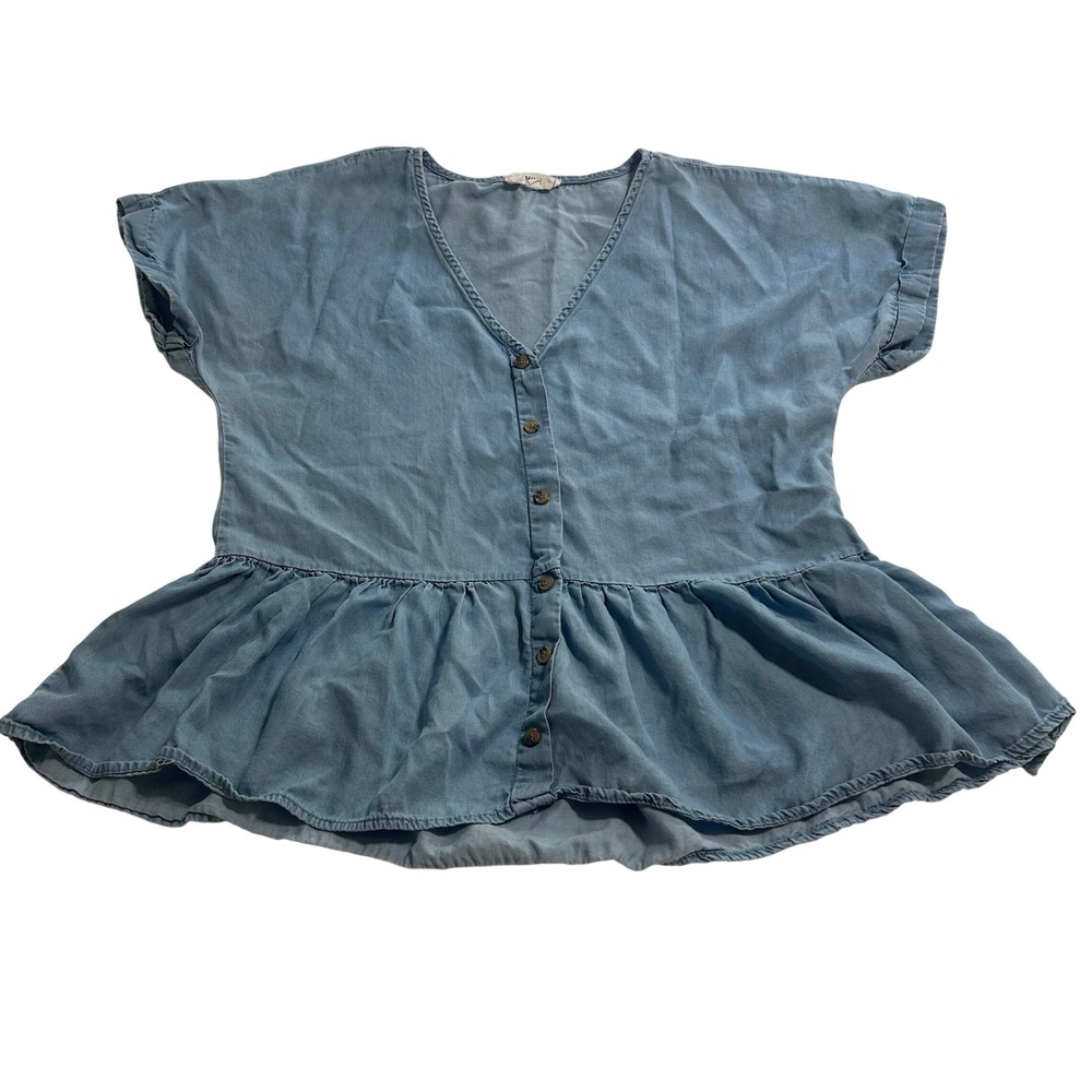 MINE Women Blue Lyocell Button Front Peplum Top V-Neck Short Sleeve Medium